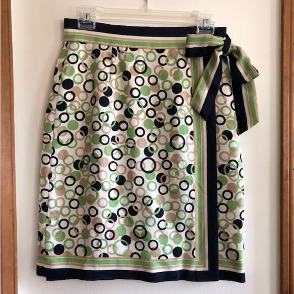 TALBOTS Silk Wrap Skirt Lined Ivory Blue Green Tan Circle Ring Print 4… - Picture 1 of 17
